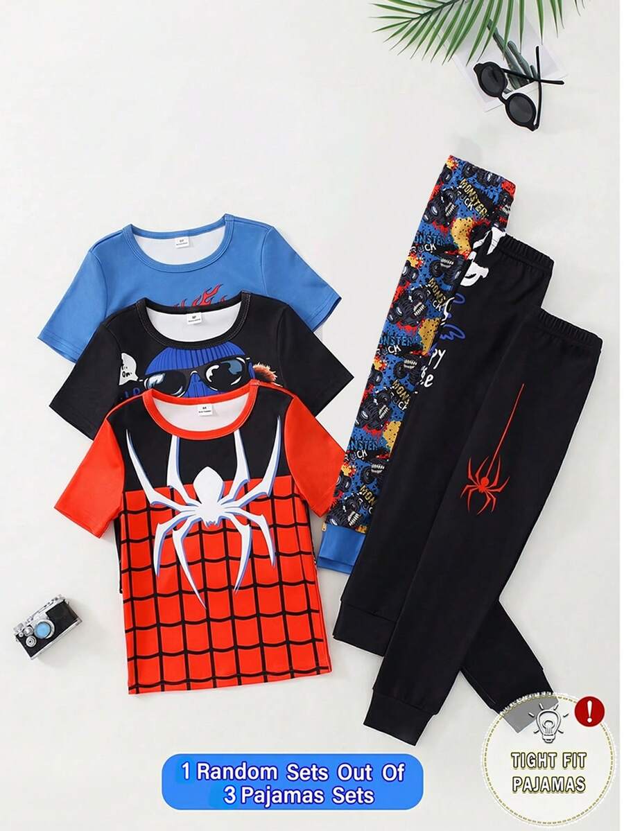 SHEIN 【3件套随机】男童短袖紧身睡衣,卡通越野车、恐龙、蜘蛛、可爱小熊图案印花,针织面料,柔软舒适,春夏睡衣 - 彩色 - 查看 1