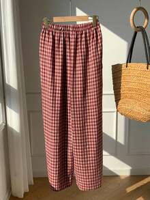 SHEIN EZwear 两件套格子条纹阔腿裤，音乐节格子裤，米色条纹抽绳编织裤，红色格子裤，米色条纹裤，女士夏季，女士春夏 - 彩色 - 查看 4