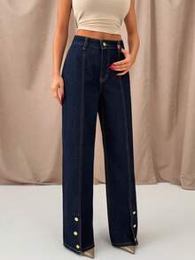 SHEIN High Waist Straight Leg Denim Jeans With Gold Button Hem - Dark Wash - View 7