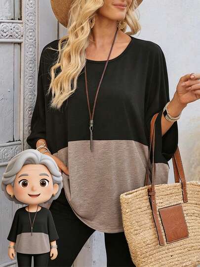 EMERY ROSE Women's Casual Batwing Sleeve Loose Colorblock T-Shirt, Suitable For Spring, Summer, Autumn, Daily, Commuting, Vacation