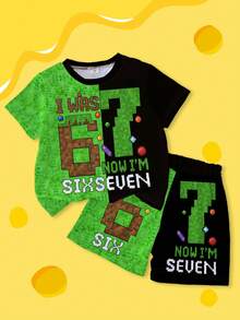 一套男童休闲像素风绿黑拼接数字“67”及字母印花短袖T恤和短裤套装，男童夏季服装 - 彩色 - 查看 8