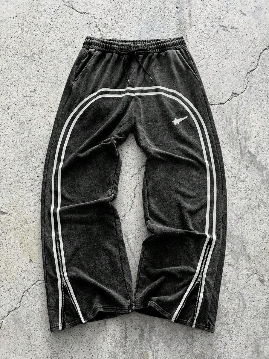 EVRINFINITE Cotton Men's Patchwork Front Drawstring Pocket Casual Sweatpants, Men's Drawstring Waist Printed Wide Leg Fashion Sweatpants - Black - View 1