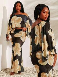 SHEIN SXY Plus Size Sexy Two-Piece Set Featuring A Black, Large Floral Print, High-Elastic Knit Mesh Off-Shoulder Long-Sleeved Top And A High-Waist, Extra-Long Fishtail Skirt.Spring/Summer Casual Vacation Bohemian Elegant Suitable For Everyday Wear, Music Festival, Concert, Carnival Party, Beach Vacation, Date Night, Birthday, Bachelorette Party, Club, Cute, Casual, Shopping, Street Wear, Going Out, Easy To Match & Looks Slim, Accent Your Body, Flatter The Figure - Multicolor - View 3