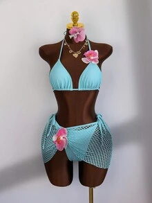 Zestiva-D Women's Summer Mint Ice Blue Halter Bikini,Fishnet Cover-Up With Pink Floral Accent, Beach Resort Swimwear Set,Casual Vacation Holiday - Blue - View 4