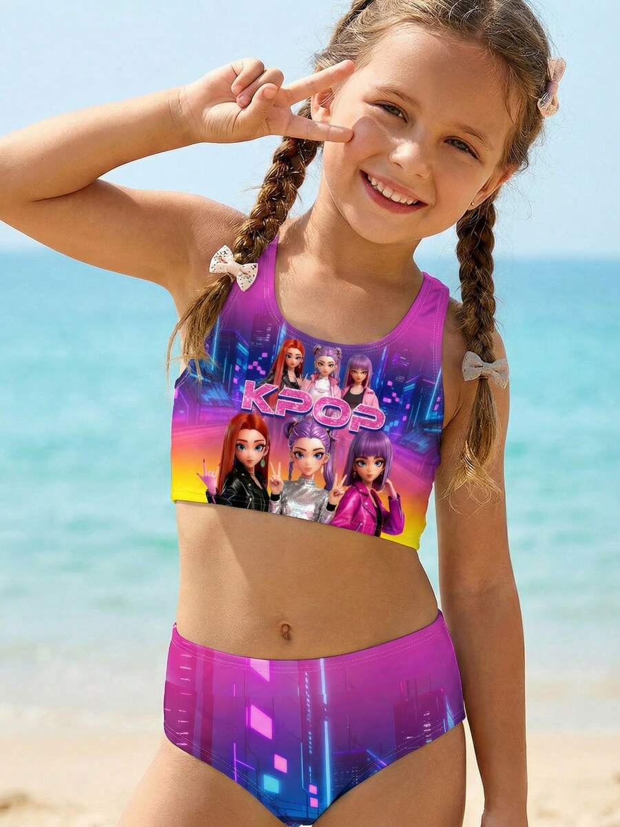 SHEIN 女童休闲简约吊带背心和卡通印花三角泳裤泳衣套装，适合夏季穿着 - 彩色 - 查看 1