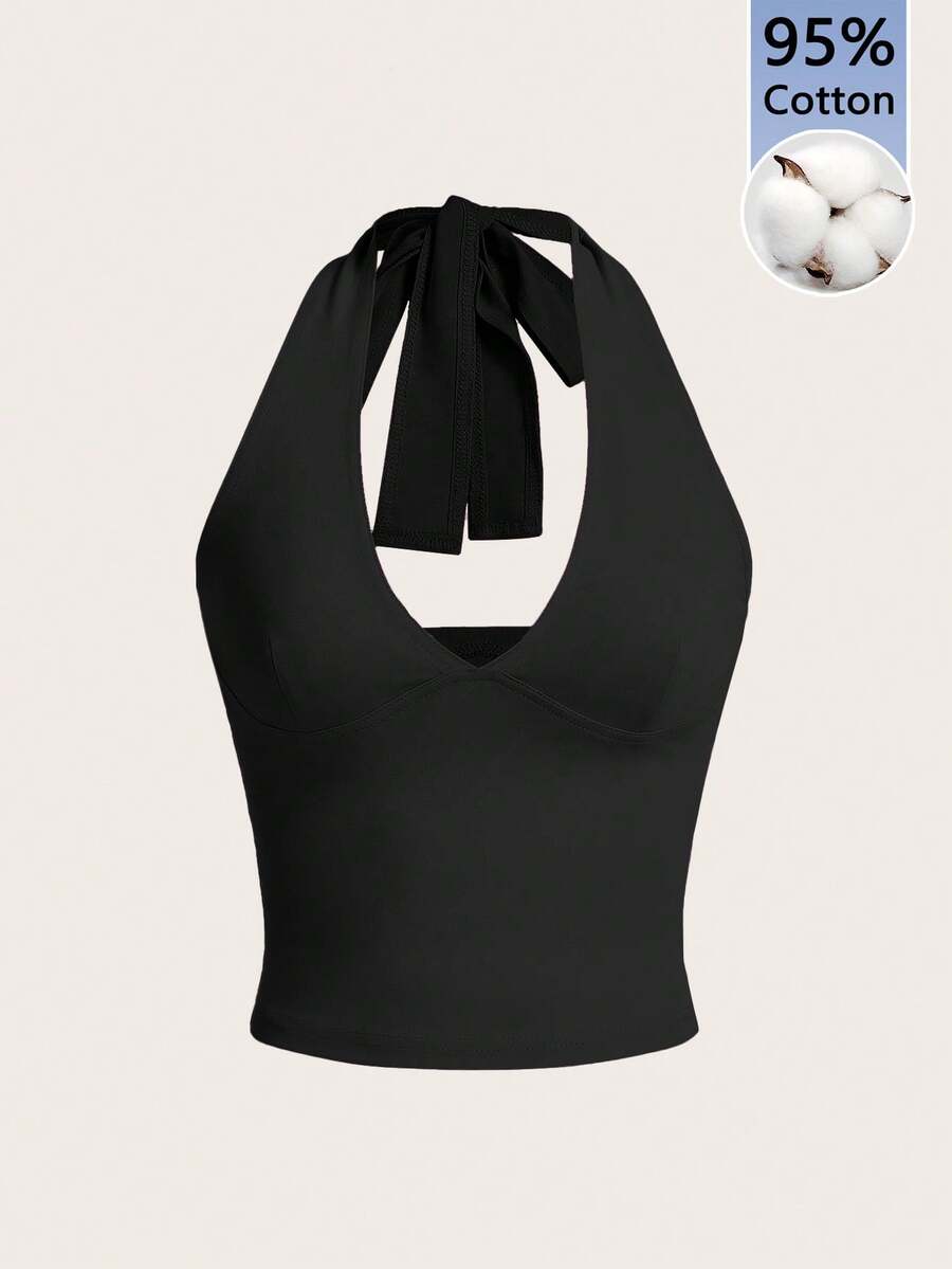 SHEIN 女士休闲简约露背吊带背心 - 黑色 - 查看 1