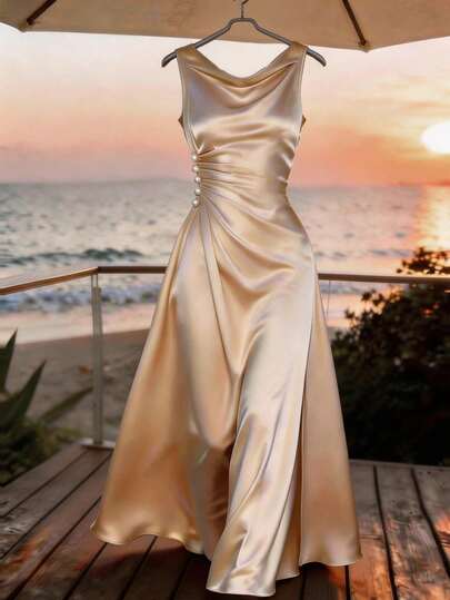 Franclia Đầm satin màu sâm panh thanh lịch dành cho nữ, xếp ly eo, chất liệu satin mềm mại, rủ tự nhiên, trang trí cúc ngọc trai ở eo, đơn giản nhưng tinh tế, kiểu dáng cơ bản được nâng tầm bởi ngọc trai và chất liệu satin, phù hợp cho đi làm mùa xuân/hè, mặc hàng ngày, mùa đông, dự tiệc, đi biển, hẹn hò, lễ tốt nghiệp, công sở, đồng phục giáo viên thành thị, trang phục Giáng sinh năm mới, đầm maxi thường ngày.