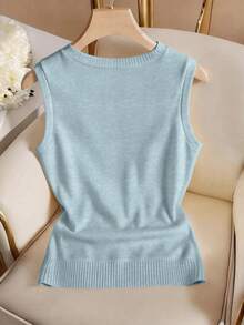 Airaco Áo tank top nữ màu trơn cổ tròn cài nút kiểu dáng thường ngày - Màu xanh nhạt - Xem 2