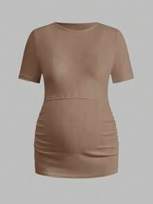 Modmama Set de 3 blusas de manga corta de unicolor con pliegues y función de lactancia para mujeres embarazadas, de uso casual diario - Camel - Ver 12