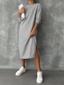 EURMUSE 纯棉纯色开衩大腿卫衣连衣裙 - 灰色 - 查看 3