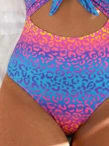 Swim Mod Women's Leopard Print Knotted Front One-Piece Swimsuit - Multicolor - View 5