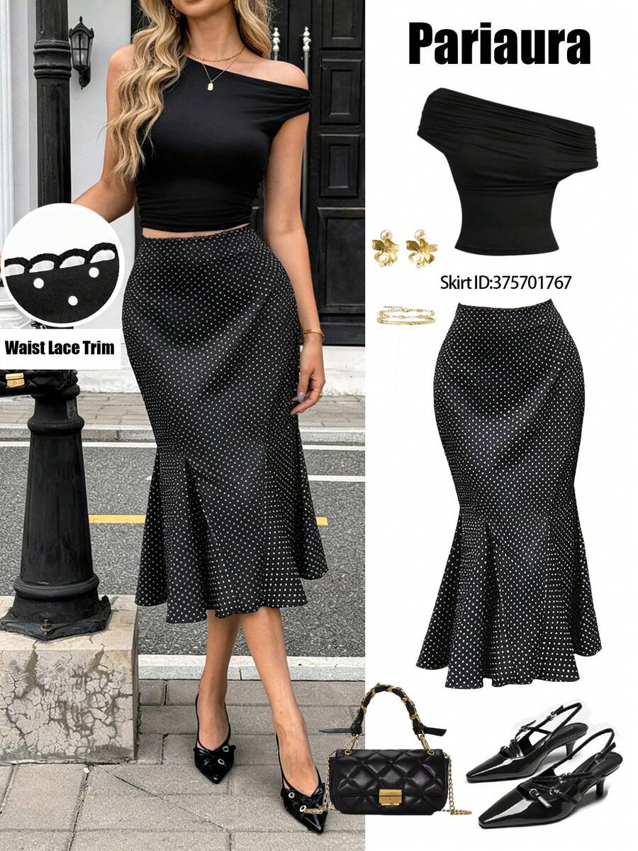 SHEIN PariChic Women's Black White Polka Dot Fishtail Midi Skirt,Elegant Autumn Tea Party,Side Zipper Ruffled Skirt For Vacation,Commuting,Spring Summer - Black - View 1
