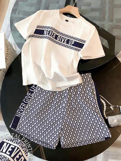 Franclia 两件套女士夏季休闲字母印花圆领短袖T恤和短裤套装