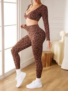 Slayform Slayform Seamless Ribbed High Elasticity Leopard Print Sexy Yoga Fitness Set For Women - Brown - View 5