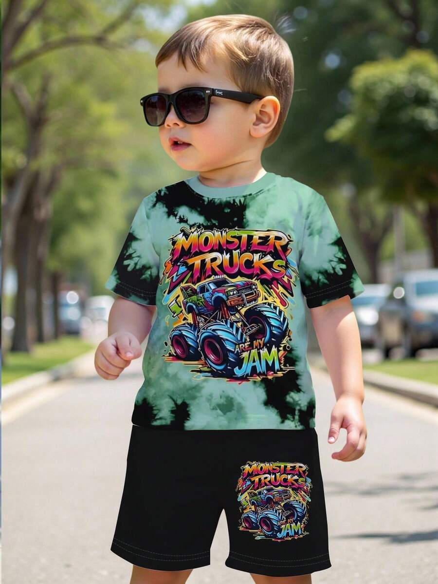 一套幼儿男童休闲酷炫卡通怪兽卡车扎染渐变印花短袖T恤和短裤套装，适合日常外出、街头、运动、休闲穿着、夏季服装 - 彩色 - 查看 1