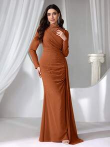 Coutiva 女士立领仿珍珠长款晚礼服 - 棕色 - 查看 4