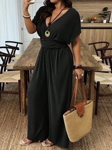 SHEIN PETITE CURVE 大码女式休闲纯色蝙蝠袖连体裤，适合日常穿着和度假 - 黑色 - 查看 5