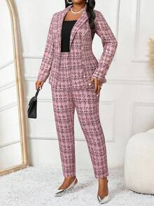 Fleurora 秋冬优雅黑色针织翻领纽扣长袖大码蓬松外套 - 粉色 - 查看 7