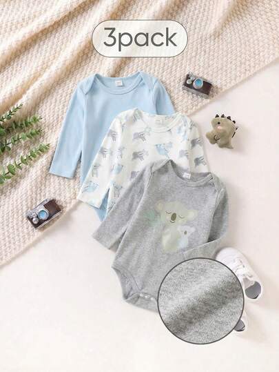 3 Pack Baby Boy Clothes Infant Toddler Boys Outfit Sets Stylish Koala Animal Graphic Printed Long Sleeve Bodysuit One Piece Romper Soft Thick Jumpsuit Sets Outfits Travel Essential For Spring Summer Autumn Season