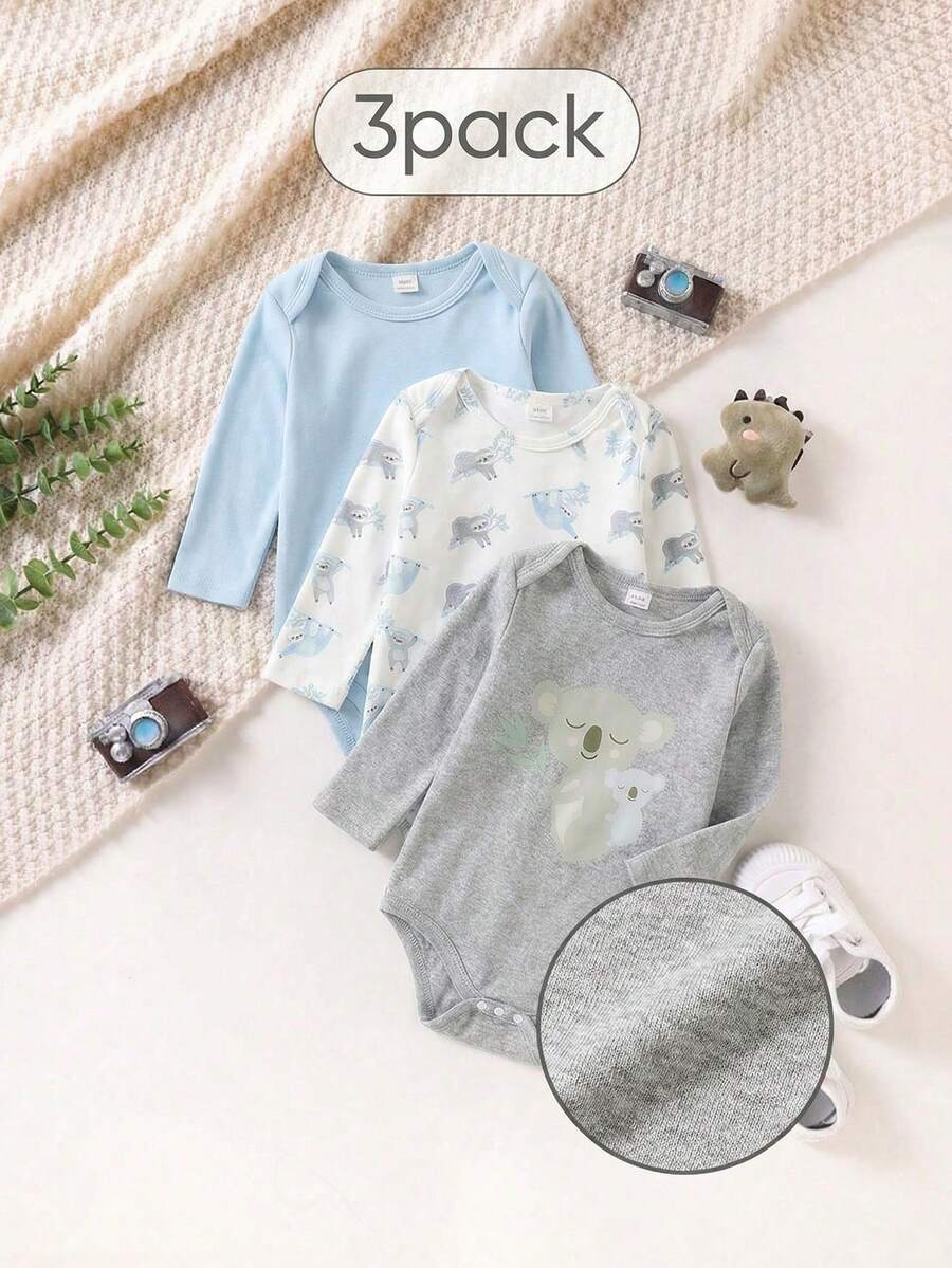 3 Pack Baby Boy Clothes Infant Toddler Boys Outfit Sets Stylish Koala Animal Graphic Printed Long Sleeve Bodysuit One Piece Romper Soft Thick Jumpsuit Sets Outfits Travel Essential For Spring Summer Autumn Season - Multicolor - View 1