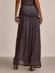 MUSERA Gray Summer Bohemian Vacation Fringe Detailed Ruched Waist Beaded Embellished Leg Split Flowy Maxi Skirt Coord Bottoms Only Holiday Party - Dark Grey - View 4