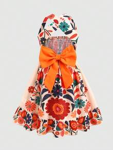 SHEIN Tween Girls Woven Tropical Plant Print Back Cross Bow Decor Shirred Waist Dress Tween Girl - Multicolor - View 5