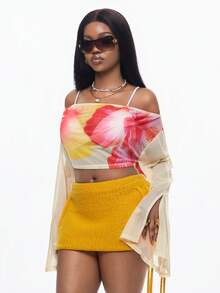 Coolane Women's Summer Party Tropical Vacation Vacation Outfits Beach Outfits Going Out Chic Off Shoulder Split Long Sleeve Flower Graphics T-Shirt - Multicolor - View 3