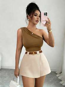 GlowEve 2026 New Spring/Summer French Elegant Fashion Design Brown Ruched Shoulder Fitted Tank Top + Elastic Waist Black Wide Leg Shorts 2-Piece Casual Vacation Outfit For Women - Multicolor - View 2