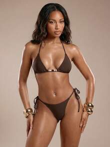 Normani Women's Bikini Set, Sexy Elegant Romantic Vintage Tropical Rainforest Black & White Zebra Print Mini Triangle Cup Halter Neck Tie Bikini Top With Mini Tie Side Bottoms Two-Piece Swimwear Set, Spring/Summer Tie Side Bikini Bottoms Women's Swimwear 2 Pieces Brown Bikini Set Women's Bikini Halter Bikini Top - Brown - View 5