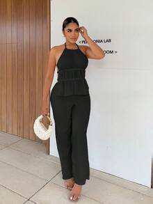 Maria Perezxox French Style Loose Solid Color Waist Tie Halter Relaxed Fit Wide Leg Casual Two Pieces Set For Women - Black - View 5