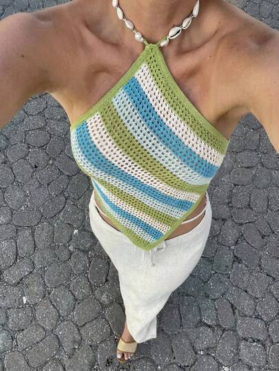 Aloruh Áo dệt kim hở lưng kẻ sọc tương phản xanh dương và xanh lá cây, áo gile dệt kim tương phản cài khuy vỏ sò, phong cách Y2K thanh lịch cho mùa lễ hội