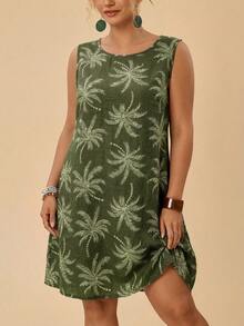 Vestido holgado sin mangas con estampado tropical para vacaciones de verano para mujer de talla - Verde - Ver 8