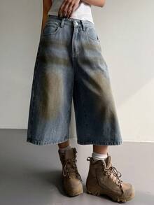 DAZY Western Cowgirl Distressed Washed Loose Straight Capri Jeans Casual Shorts For Women, Spring/Summer Jorts - Blue - View 5