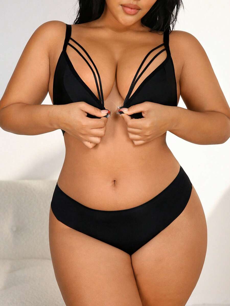NudeFit 2pcs Plus Size Women Solid Color Metal Front Closure Fashion Lingerie Set - Black - View 1