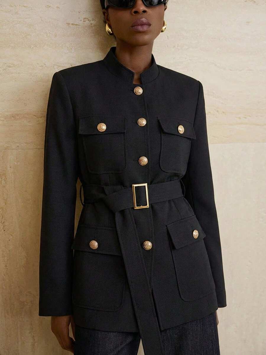 Aveloria Modichic Stand Collar Thick Tweed Single-Breasted Metal Button Decor Belt Utility Jacket - Black - View 1