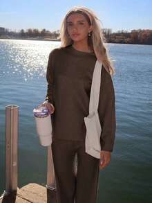 Sydney Algeri 2 件套女士撞色饰边圆领落肩长袖宽松开衩针织毛衣套装 - 巧克力棕 - 查看 3