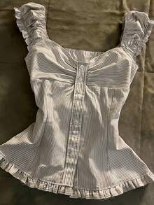 Glimmora Women's Fitted Ruffle Hem Striped Button Design Blouse - Black and White - View 3