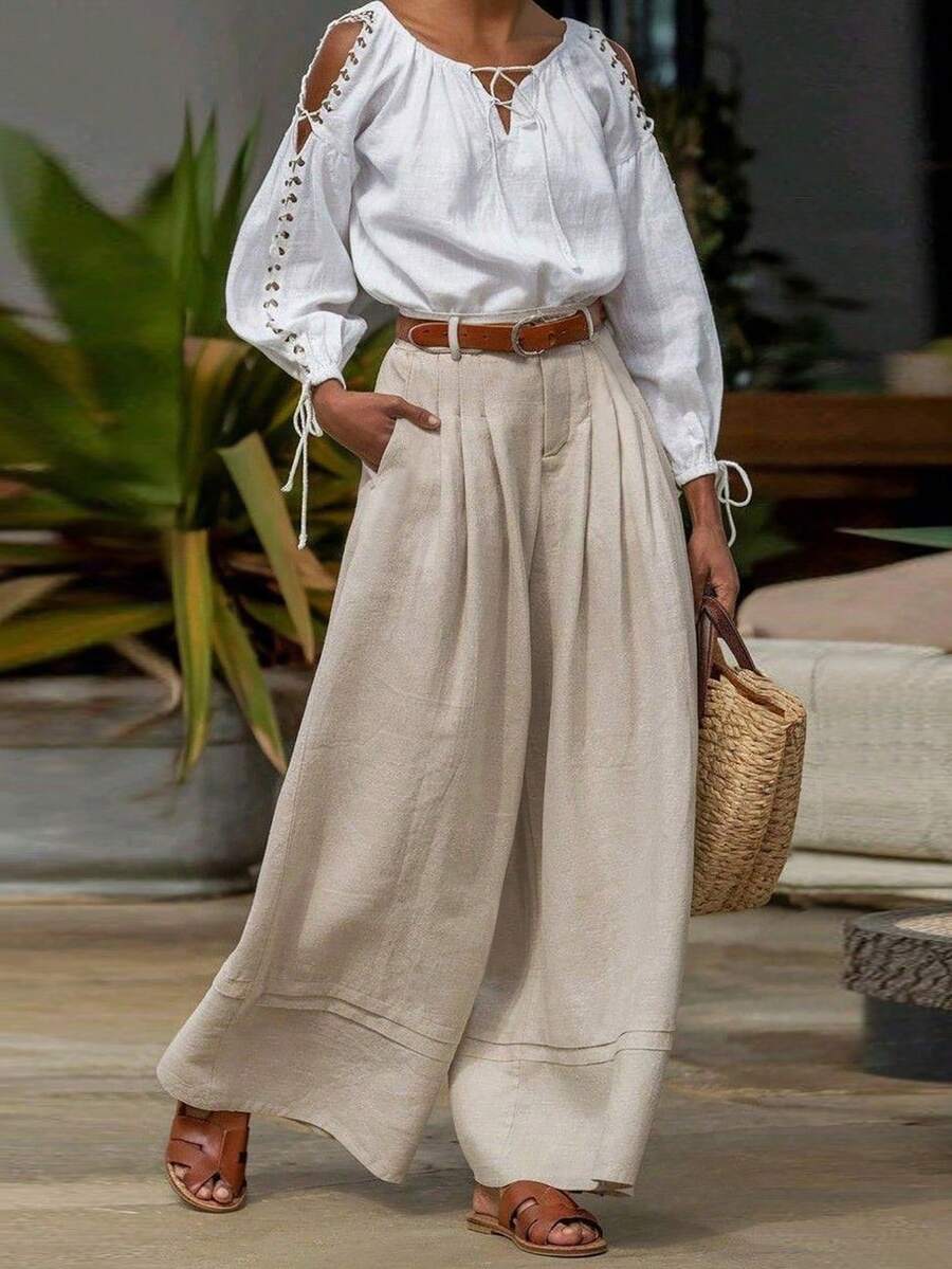EMERY ROSE 女士休闲度假通勤纯色褶裥宽松阔腿裤，不含腰带 - 卡其色 - 查看 1