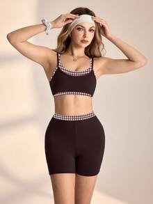 Medorelle Conjunto informal de 2 piezas de top y shorts de patchwork a cuadros para mujer - Café integral - Ver 3