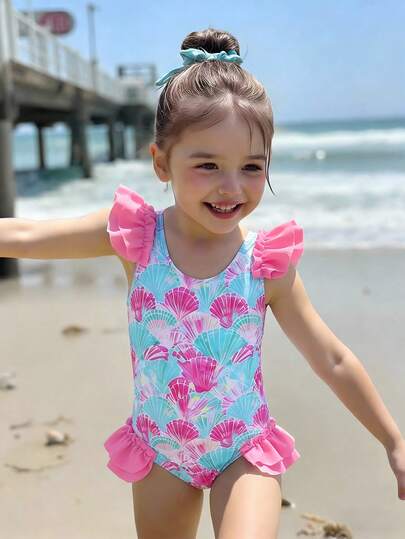 Baby Girls Beachwear,Baby Girls Swimsuit Beachwear, Cute, Vacation, Casual Style, Pink Swimsuit, Colorful Shell Print, Knitted Fabric, Ruffled Shoulde Decoration, Ruffled Bottom Decoration, One-Piece Swimsuit, Fashionable Casual Exquisite Glamorous Lady Suitable For Swimming, Summer Vacation, Beach, Pool, Summer Vacation Pual Vacation