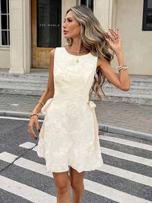 Serisse 女士优雅3D立体花卉系带无袖中长连衣裙，夏季 - 杏色 - 查看 1