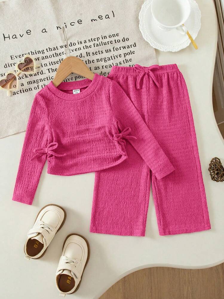 Babygirl Casual Mångsidig Enfärgad Stickad Långärmad T-shirt Set, Rosenröd - Skrikrosa - Visa 3