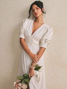 Poéselle 提花面料拼接纽扣装饰女士长裙 - 白色 - 查看 3