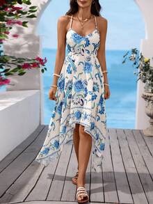 Vivid Eden Women's Vacation Printed Front Short Back Long Spaghetti Strap Midi Dress, Summer Dresses For Women Beach Tropical - Blue and White - View 5