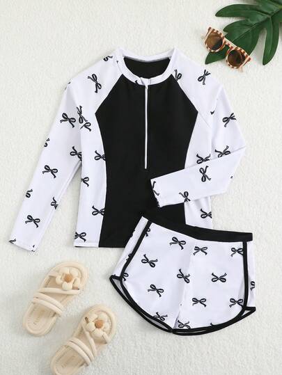 SHEIN Bộ đồ bơi Tankini cho bé gái tuổi teen, đồ bơi hai mảnh cho bé gái, tay dài, thiết kế khóa kéo, in kỹ thuật số, đen trắng, thích hợp cho tiệc bãi biển, kỳ nghỉ.