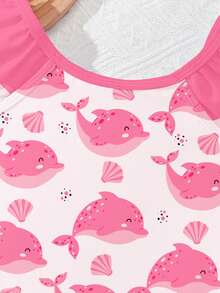 SHEIN Baby Girls' Casual Slim-Fit Aquatic Creature Print One-Piece Swimsuit, Suitable For Summer - Multicolor - View 6