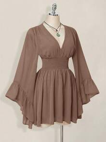 SHEIN ICON Đầm ngắn nữ thanh lịch kiểu dáng nghỉ dưỡng, màu trơn, tay bồng, eo thắt, thích hợp cho mùa xuân/hè. - Màu Khaki - Xem 4