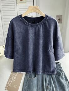 Comfortcana Plus Size Short Sleeve Cotton T-Shirt, Washed Snowflake Design, Spring - Navy Blue - View 3