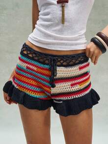 Bohemela 复古彩色条纹钩针编织短裤，适合海滩度假 - 彩色 - 查看 5