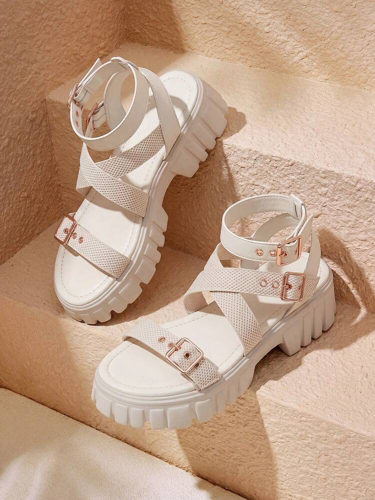 Woman Shoes Fashion Buckle Detail Platform White Ankle Strap Sandals For Summer Vacation Shoes Summer Back To School Shoes College Student Shoes Christmas Fall New Year Holiday